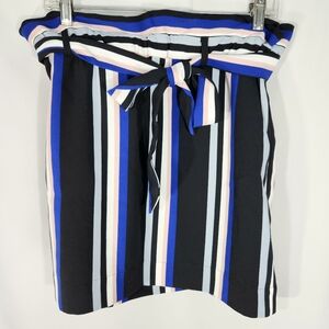 Express Blue Black Striped Paper Bag Waist Tie Belt Skirt w/Pockets Size Medium